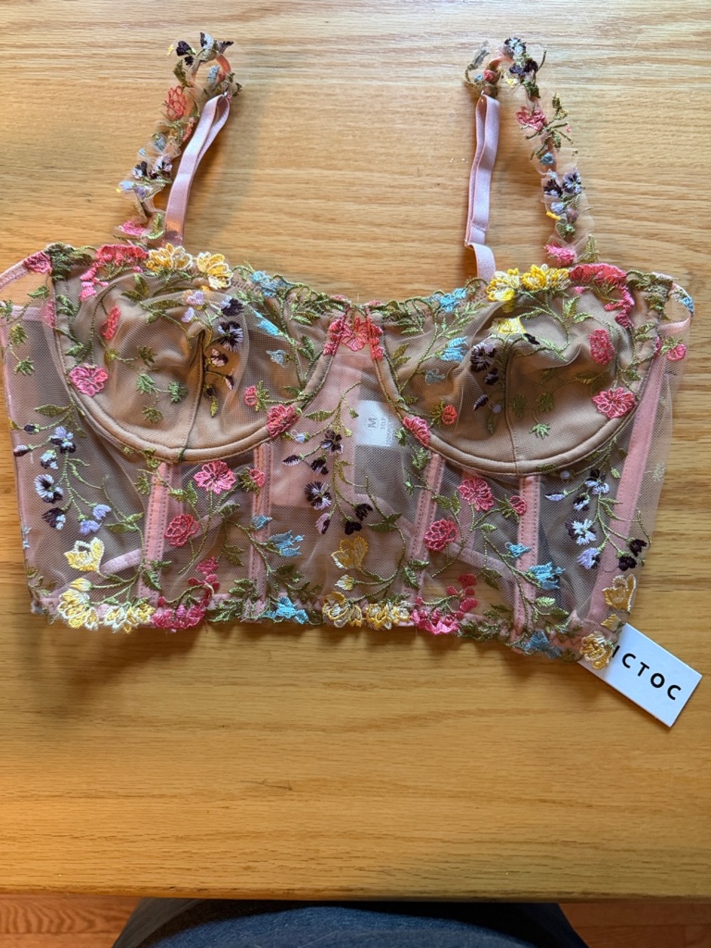 Embroidered Sheer Longline Bra in Blush Pink